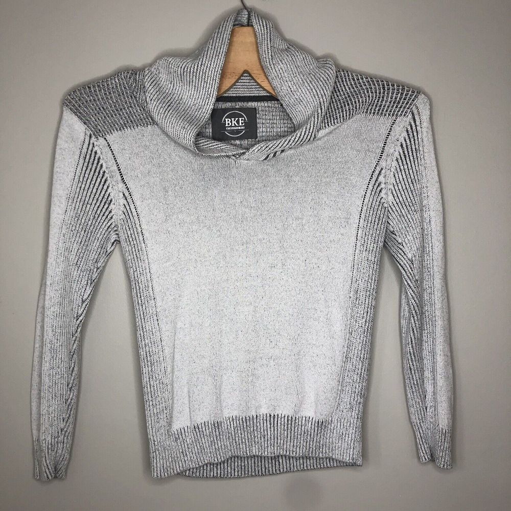 BKE Men's Large Gray Athletic Fit V Neck Cowl Neck Long Sleeve Pullover‎ Sweater
